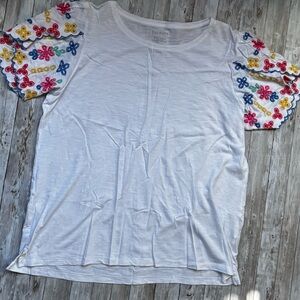 Talbots White Tee with Multicolor Embroidered Sleeves